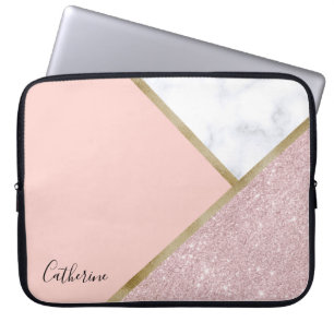 Elegant geometric rose gold glitter white marble laptop sleeve