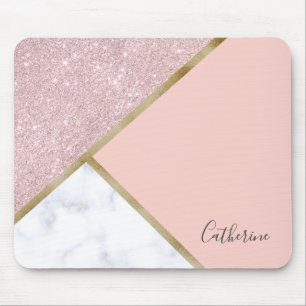 Elegant geometric rose gold glitter white marble mouse pad