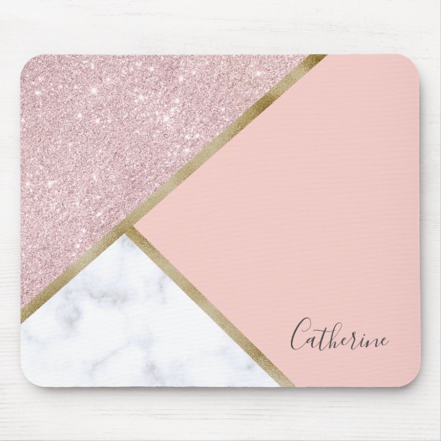 Elegant geometric rose gold glitter white marble mouse pad (Front)