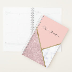 Elegant geometric rose gold glitter white marble planner