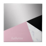 Elegant geometric silver white marble pink black ceramic tile<br><div class="desc">Stylish and elegant geometric faux silver,  white marble,  pink and black colour block.</div>