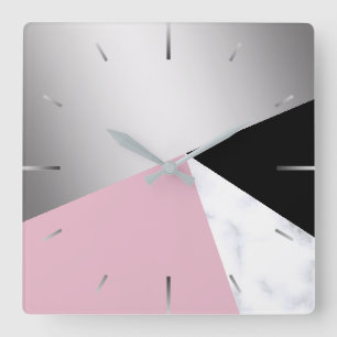 Elegant geometric silver white marble pink black square wall clock