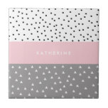 Elegant geometric triangles & dots in grey & pink ceramic tile<br><div class="desc">Girly geometric design in pastel grey and pink.</div>