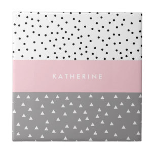 Elegant geometric triangles & dots in grey & pink ceramic tile