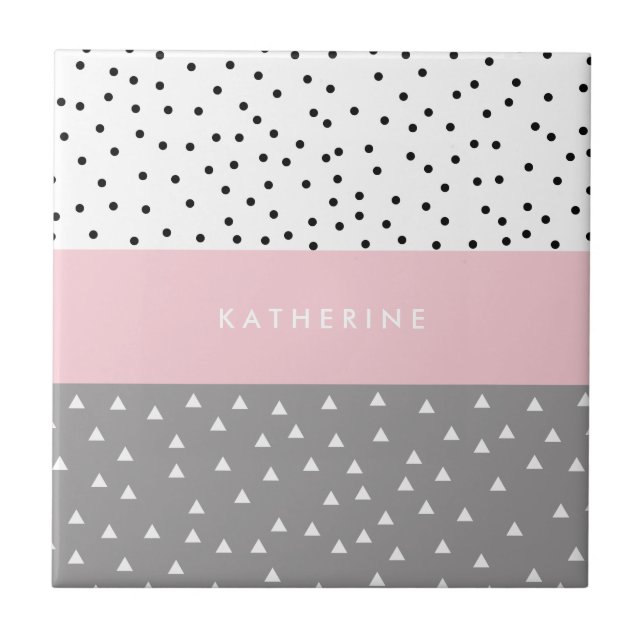Elegant geometric triangles & dots in grey & pink ceramic tile (Front)