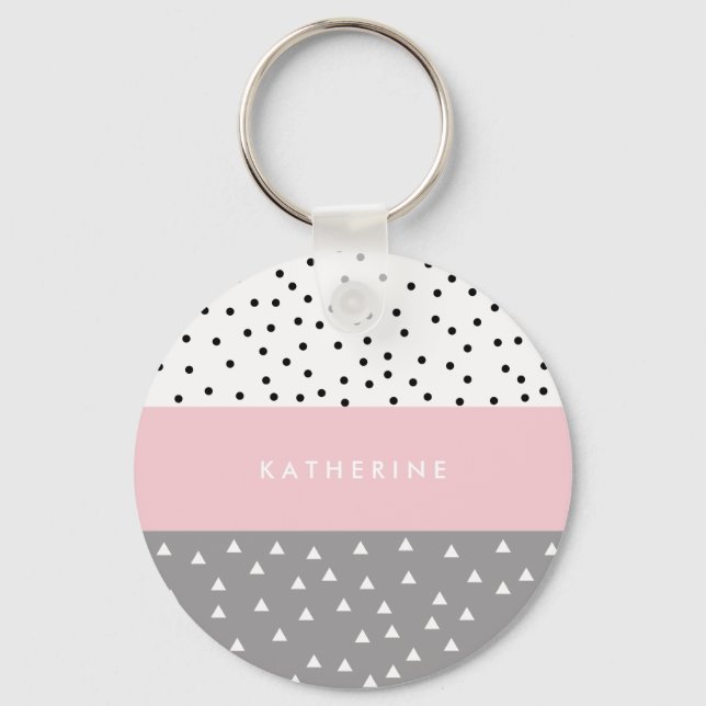 Elegant geometric triangles & dots in grey & pink key ring (Front)