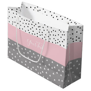 Elegant geometric triangles & dots in grey & pink large gift bag