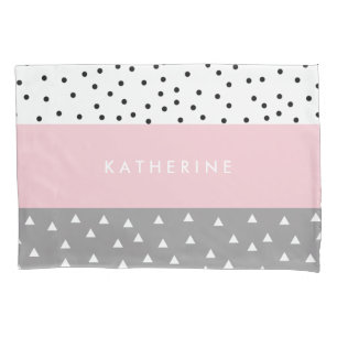Elegant geometric triangles & dots in grey & pink pillowcase