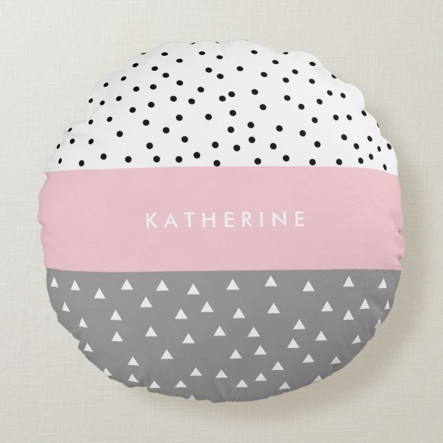 Elegant geometric triangles & dots in grey & pink round cushion (Front)
