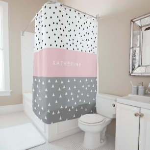 Elegant geometric triangles & dots in grey & pink shower curtain