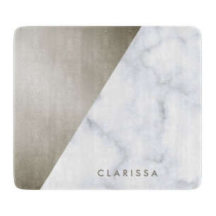 elegant geometric white marble brushed nickel cutting board