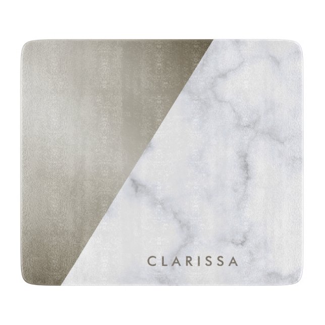 elegant geometric white marble brushed nickel cutting board (Front)