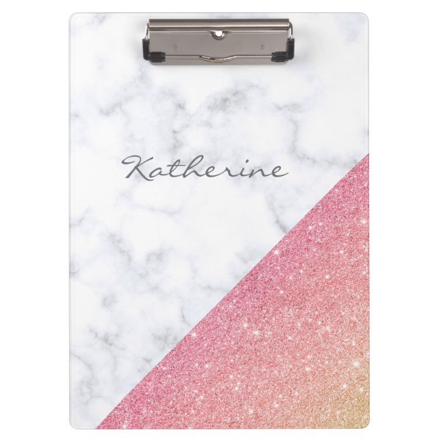 Elegant geometric white marble rose gold glitter clipboard (Front)