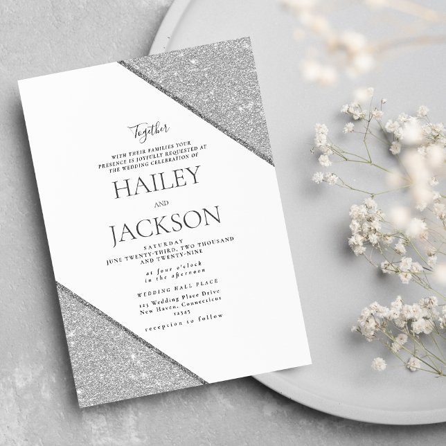 Elegant geometric white silver glitter wedding invitation (Elegant geometric white silver glitter wedding)