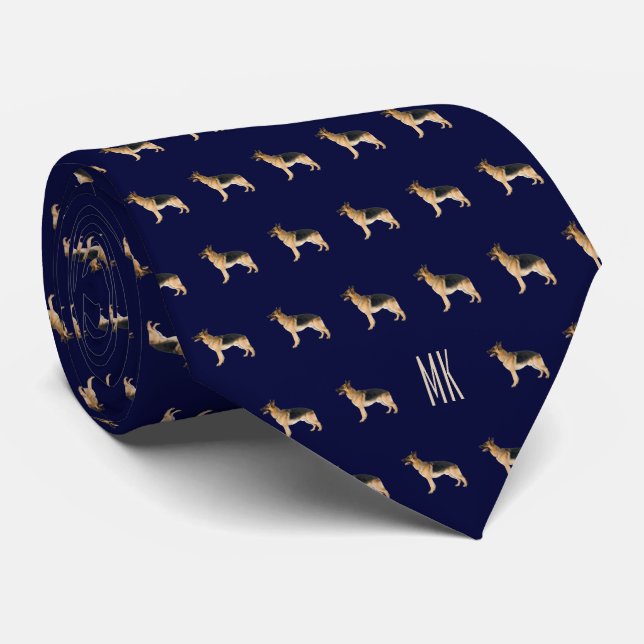 Elegant German Shepherd Pattern Monogrammed Blue Tie (Rolled)