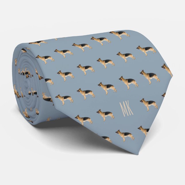 Elegant German Shepherd Pattern Monogrammed Blue Tie (Rolled)