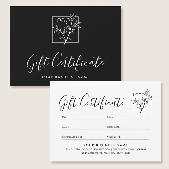 Elegant Gift Certificate Custom Logo Script Black (Creator Uploaded)