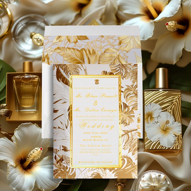 Elegant Gilded Gold Monstera Foil Invitation (Formal Tropical Destination Monstera Foil Invitation)
