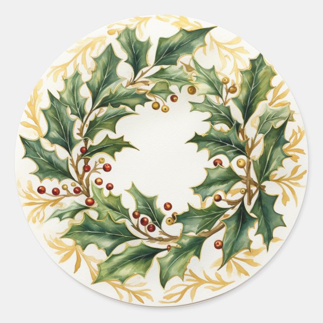  Elegant Gilded Holly Leaves  Classic Round Sticker (Front)