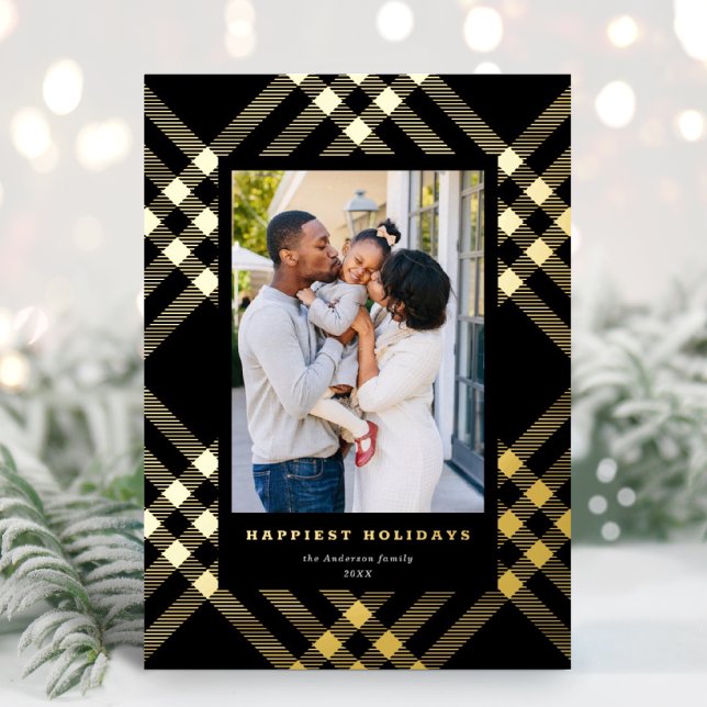 Elegant Gilded Tartan Christmas Photo Foil Holiday Card (Creator Uploaded)