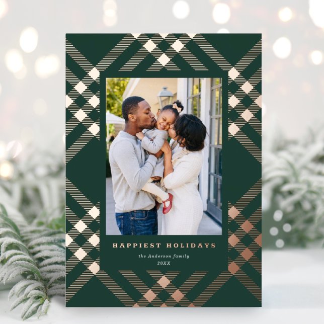 Elegant Gilded Tartan Christmas Photo Foil Holiday Card (Creator Uploaded)