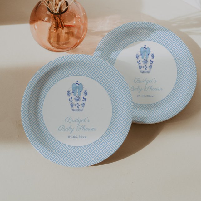 Elegant Ginger Jar Blue Bow Boy Baby Shower Party Paper Plate (Chinoiserie chic blue and white ginger jar with baby blue bow baby shower or baptism paper plates)