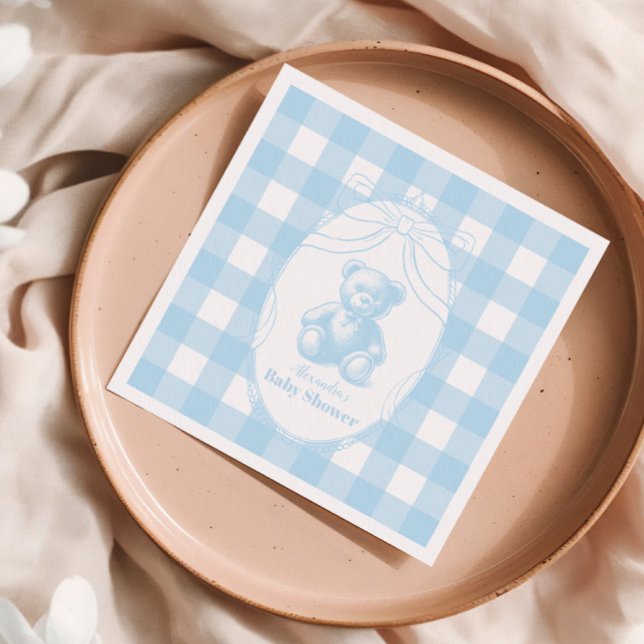 Elegant Gingham French Teddy Bear Baby Shower Napkin (Creator Uploaded)