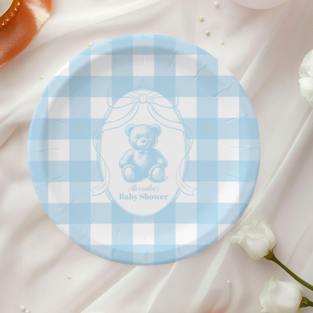 Elegant Gingham French Teddy Bear Baby Shower Paper Plate (Creator Uploaded)