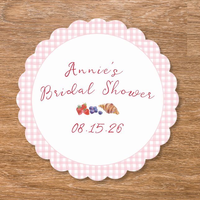 Elegant Gingham Summer Brunch Bridal Shower Pink Paper Coaster (Creator Uploaded)