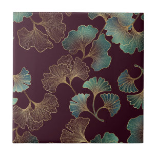 Elegant Ginkgo Leaf in Burgundy and Teal (1) Ceramic Tile