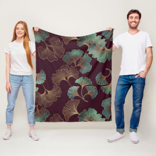 Elegant Ginkgo Leaf in Burgundy and Teal (1) Fleece Blanket