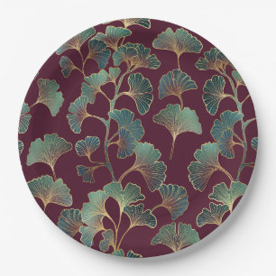 Elegant Ginkgo Leaf in Burgundy and Teal (2) Paper Plate