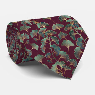 Elegant Ginkgo Leaf in Burgundy and Teal (2) Tie