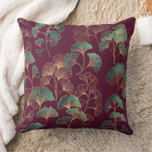 Elegant Ginkgo Leaf in Burgundy and Teal (3) Cushion