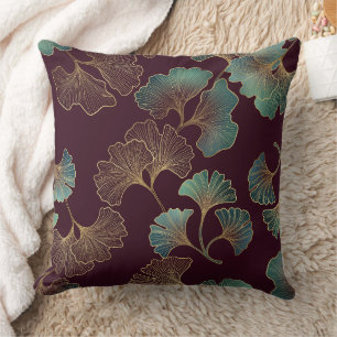 Elegant Ginkgo Leaf in Burgundy and Teal Cushion
