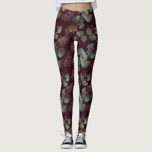 Elegant Ginkgo Leaf in Burgundy and Teal Leggings