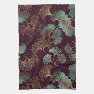 Elegant Ginkgo Leaf in Burgundy and Teal Tea Towel
