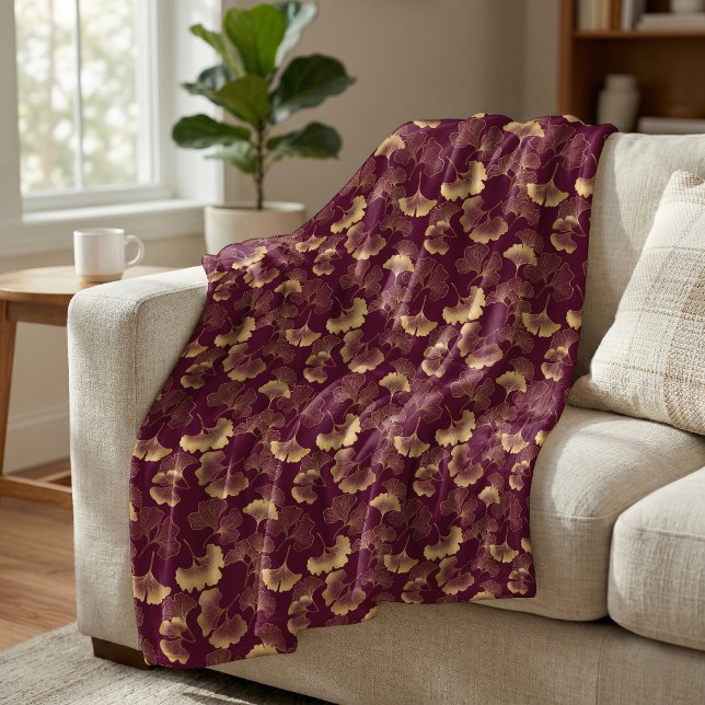 Elegant Ginkgo Leaf Pattern Burgundy Red Gold Fleece Blanket (Creator Uploaded)