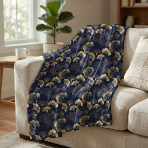 Elegant Ginkgo Leaf Pattern Navy Blue Gold Fleece Blanket