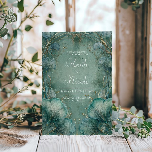 Elegant Ginkgo Leaf Teal & Gold Wedding  Invitation (Creator Uploaded)