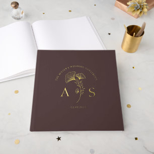 Elegant Ginkgo Leaves Woody Brown Wedding Foil Guest Book