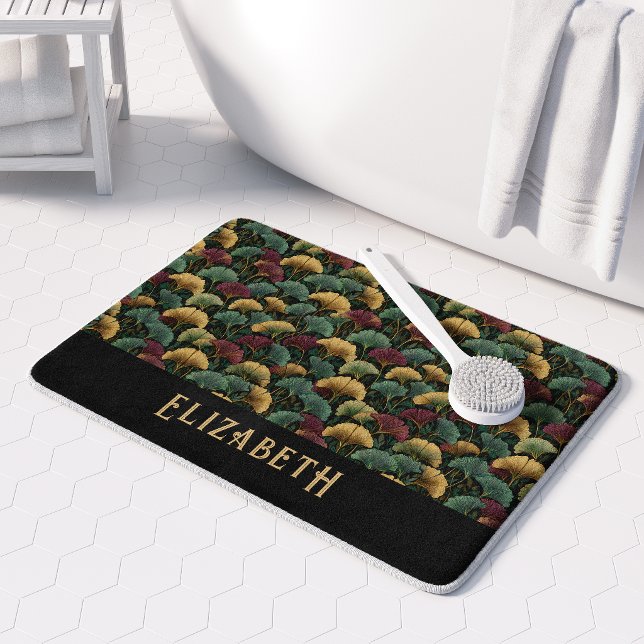 Elegant Ginkgo Pattern Monogram Name Jewel Tones Bath Mat (Creator Uploaded)
