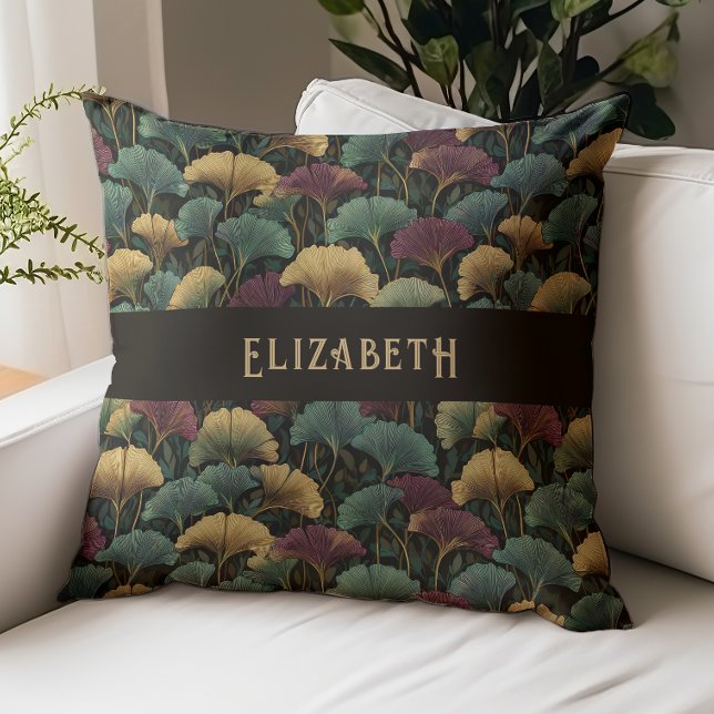 Elegant Ginkgo Pattern Monogram Name Jewel Tones Cushion (Creator Uploaded)