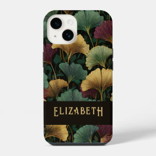 Elegant Ginkgo Pattern Monogram Name Jewel Tones iPhone 14 Case
