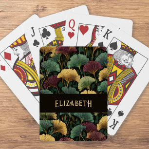 Elegant Ginkgo Pattern Monogram Name Jewel Tones Playing Cards