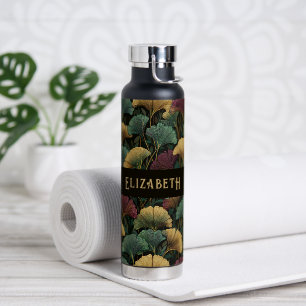 Elegant Ginkgo Pattern Monogram Name Jewel Tones Water Bottle