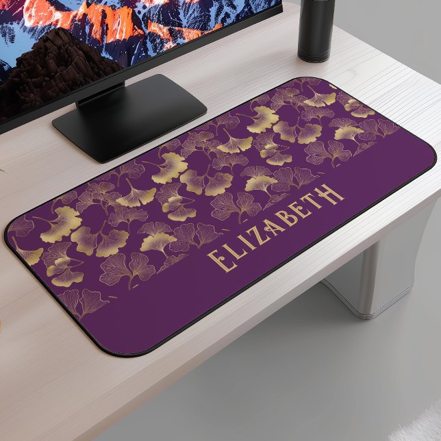 Elegant Ginkgo Pattern Name Purple Gold Desk Mat (Creator Uploaded)