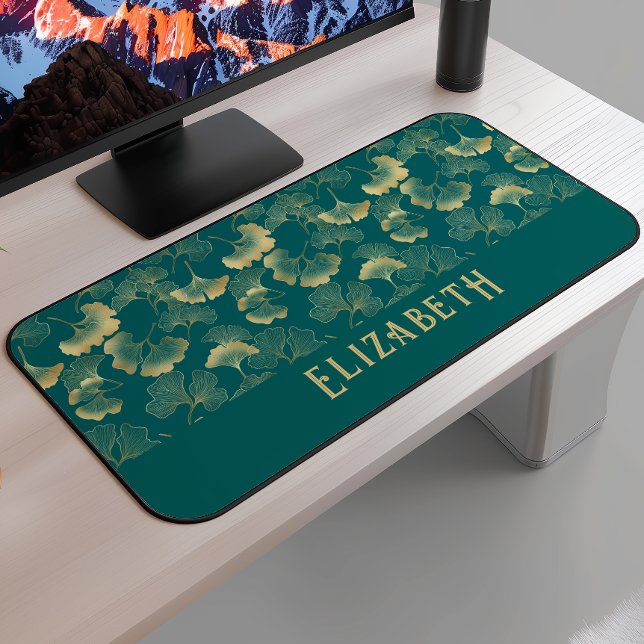 Elegant Ginkgo Pattern Name Teal Blue Gold Desk Mat (Creator Uploaded)