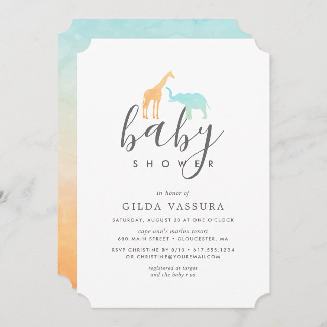 Elegant Giraffe Elephant Baby Shower Invitation (Front/Back)
