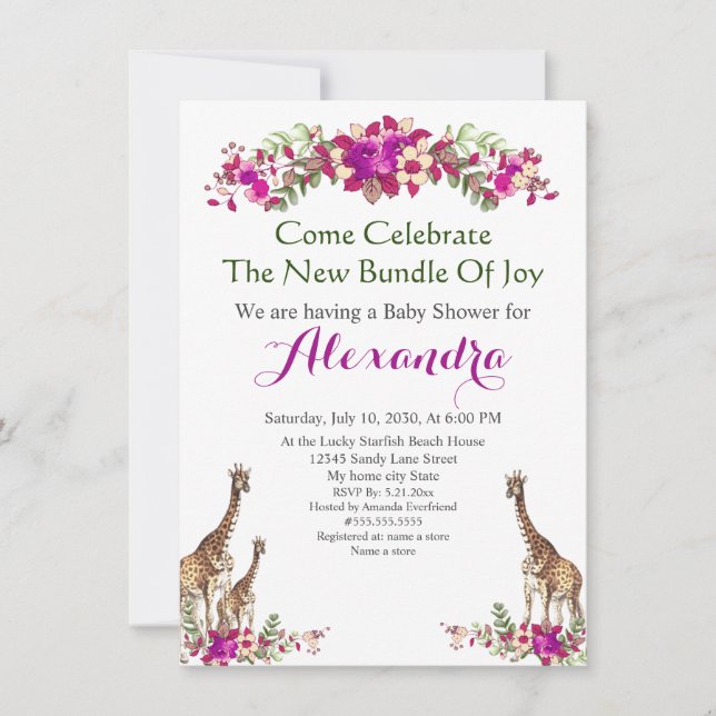 Elegant Giraffe Pink Floral Baby Shower invitation (Front)